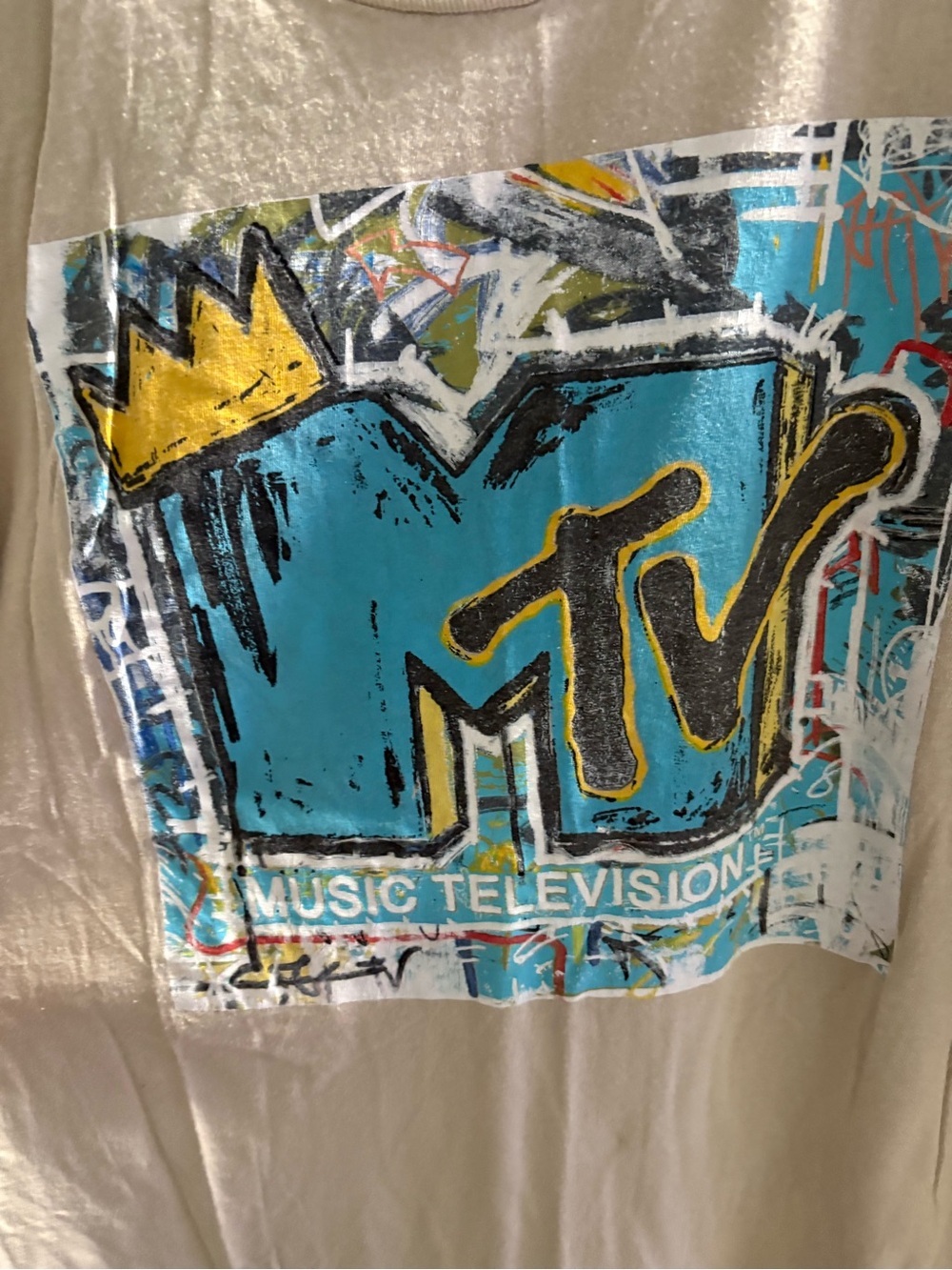 MTV Music Television Beige Graphic Tee in Turquoise, Gold, Black